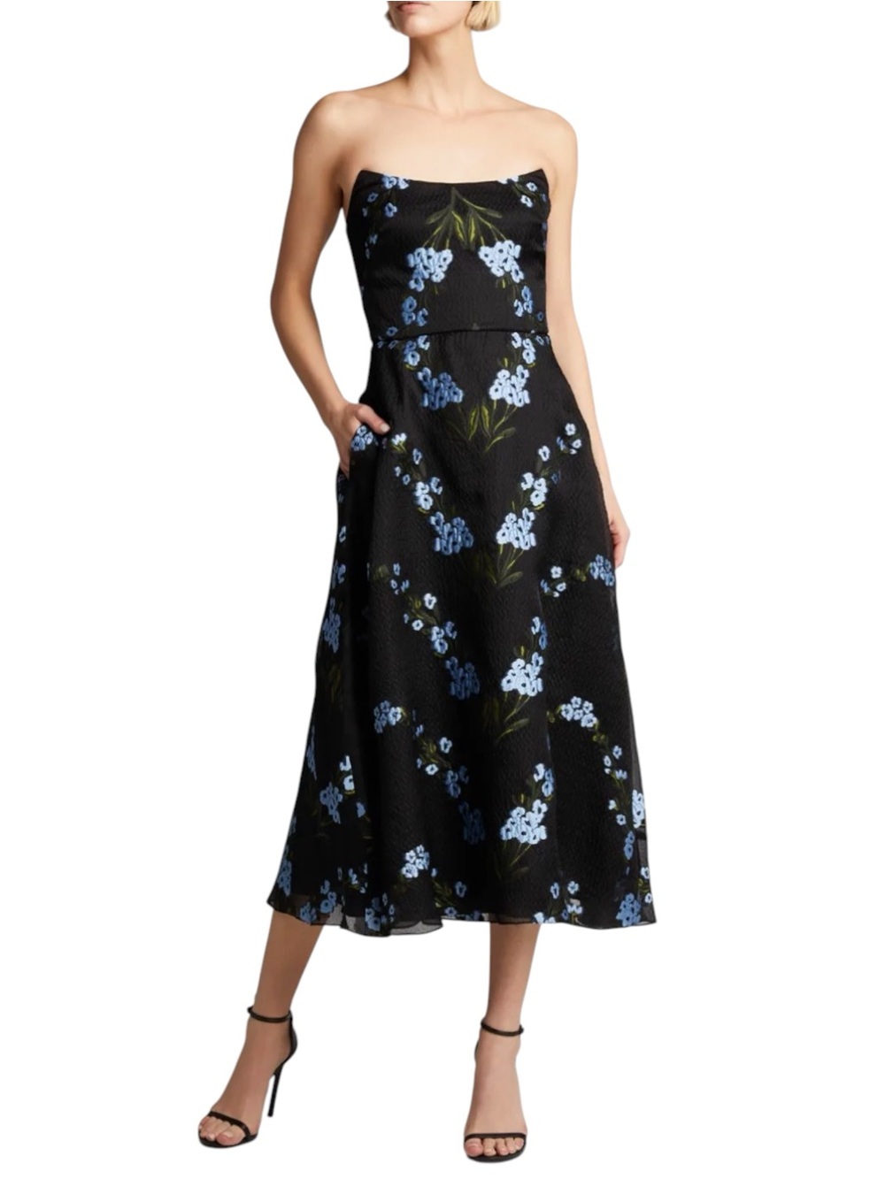 Lela Rose Vine Floral Print Organza Silk Blend Strapless Black Midi Dress 12